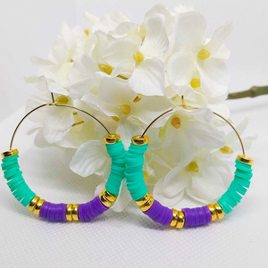 Modern Violet and Green- Σκουλαρίκια Κρίκοι με χάντρες Heishi - πηλός, χάντρες, ατσάλι, boho, μεγάλα - 4