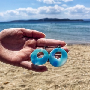 Sky Blue Round Dangles | Μεγάλα Γαλάζια Κρεμαστά Σκουλαρίκια Ρητίνης - γυαλί, ρητίνη, boho, μεγάλα, καρφάκι