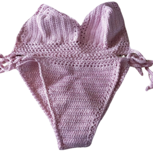 Χειροποίητα Πλεκτό Set Bikini Μαγιό με κορδονάκια σε Ροζ Παλ