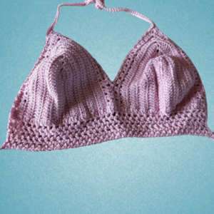Χειροποίητα Πλεκτό Set Bikini Μαγιό με κορδονάκια σε Ροζ Παλ - 3