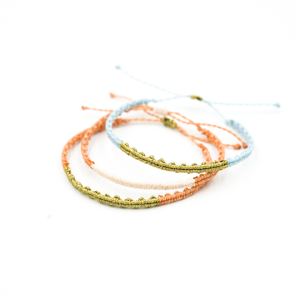 Σετ μακραμέ βραχιόλια κοραλλί, γαλάζιο και χρυσό χρώμα - κορδόνια, boho, αυξομειούμενα