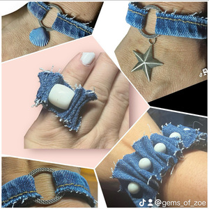 set denim 2βραχιολια 1 δαχτυλιδι 1 τσοκερ με λευκουσ αχατες - ημιπολύτιμες πέτρες, ασήμι 925, σετ κοσμημάτων