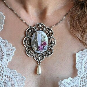 "Silver Garden" necklace 2 - vintage, χειροποίητα, λουλούδι, ατσάλι - 3