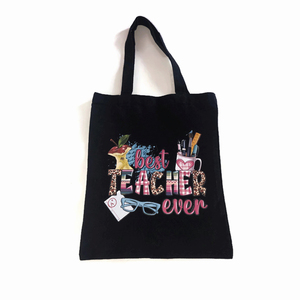 Μαύρη tote τσάντα από καμβά - Best Teacher Ever - Δώρο για δασκάλα - 36 Χ30cm - ύφασμα, ώμου, all day, tote, πάνινες τσάντες