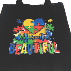 Μαύρη Tote τσάντα από καμβά - Different is Beautiful - Autism Awareness -33.5 Χ 35.5cm - ύφασμα, ώμου, tote, πάνινες τσάντες - 2