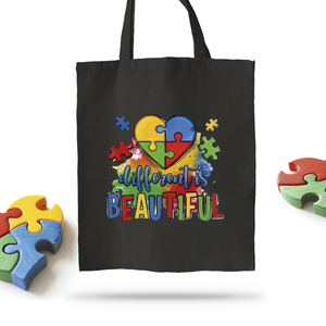 Μαύρη Tote τσάντα από καμβά - Different is Beautiful - Autism Awareness -33.5 Χ 35.5cm - ύφασμα, ώμου, tote, πάνινες τσάντες - 3