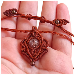 macrame boho elegant κολιέ 3Χ2,5cm μοτίβο καφέ με κρακελε χάνδρα - μακραμέ, χάντρες, boho