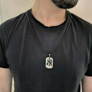 Χειροποιητο Αντρικο Κολιε με Δερματινο μαυρο κορδονι και ατσαλινο στοιχειο Ταυτοτητα ΝΥ. - δέρμα, ατσάλι - 2
