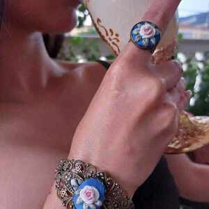 "Silk Flowers" ring 1 - κεντητά, λουλούδι, μπρούντζος, αυξομειούμενα - 4