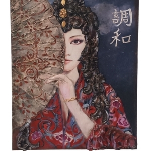 Χειροποίητο έργο σε καμβά "Geisha" 40 x 30 cm με μικτές τεχνικές και διάφορα χρώματα-Αντίγραφο - πίνακες & κάδρα, καμβάς