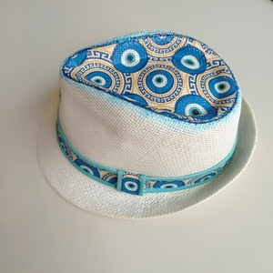 Ψάθινο καπέλο ματι με decoupage - δώρο, μάτι, απαραίτητα καλοκαιρινά αξεσουάρ, ψάθινα - 3
