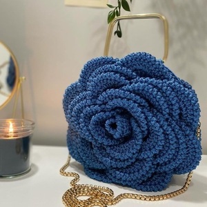 Rose: πλεκτή τσάντα χειρός clutch βραδινή 24cm - νήμα, clutch, χειρός, πλεκτές τσάντες, βραδινές - 4