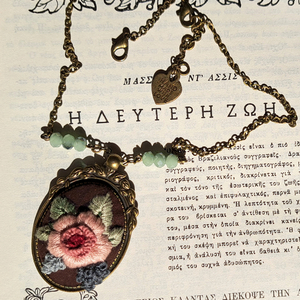 "Pink Rose" - κεντητά, vintage, χειροποίητα, λουλούδι, μπρούντζος - 2