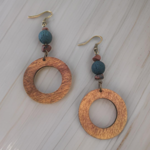 Σκουλαρίκια boho ξύλινα με ηφαιστειακή μπλε πέτρα - ξύλο, ήλιος, boho, κρεμαστά, μεγάλα - 4