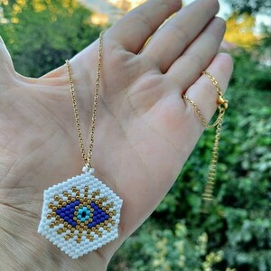 Ατσάλινο κολιέ μενταγιόν μεγάλο ματάκι - επιχρυσωμένα, μάτι, miyuki delica, κοντά, ατσάλι - 2