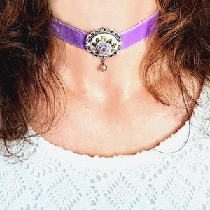 "Silver Garden" choker 3 - ύφασμα, vintage, λουλούδι - 3