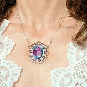 "Silver Garden" necklace 8 - ύφασμα, κεντητά, vintage, λουλούδι - 3