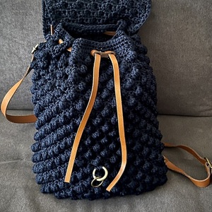 Navy backpack - δέρμα, νήμα, πλάτης, μεγάλες, πλεκτές τσάντες - 2