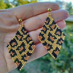 Ατσάλινα σκουλαρίκια leopard - γυαλί, επιχρυσωμένα, μακριά, ατσάλι, καρφάκι - 2