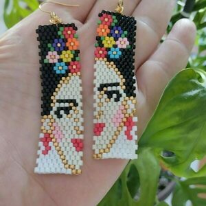 Ατσάλινα σκουλαρίκια κρεμαστά Frida Kahlo, miyuki - επιχρυσωμένα, ατσάλι, boho, μεγάλα, γάντζος - 5