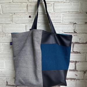 Χειροποίητη τσάντα ώμου oversized διπλής όψης BlueBlack - δέρμα, ώμου, μεγάλες, all day - 2