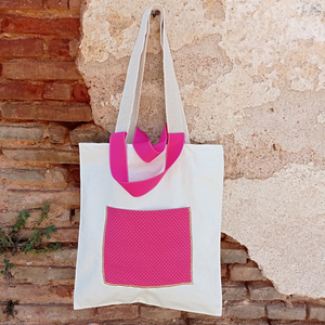 Τσάντα καμβάς Tote bag τσέπη φούξια πουά - ύφασμα, ώμου, all day, tote, πάνινες τσάντες