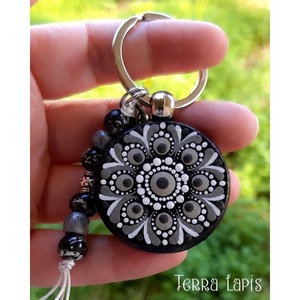 Μπρελόκ mandala γκρι ασημί, ζωγραφισμένο στο χέρι - ξύλο, γούρια, σπιτιού - 3