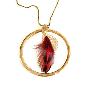 Κολιέ "Circle Feather" rose gold - κόκκινο φτερό πετεινού - επιχρυσωμένα, ορείχαλκος, φτερό, κύκλος, μακριά - 2
