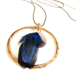 Κολιέ "Circle Feather" rose gold - μπλε φτερό πετεινού 90εκ. - επιχρυσωμένα, ορείχαλκος, φτερό, κύκλος, μακριά