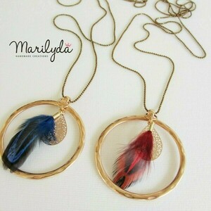 Κολιέ "Circle Feather" rose gold - μπλε φτερό πετεινού 90εκ. - επιχρυσωμένα, ορείχαλκος, φτερό, κύκλος, μακριά - 5