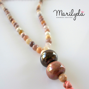 Beige Agate Μακρύ κολιέ από Αχάτη - ημιπολύτιμες πέτρες, αχάτης, με φούντες, μακριά - 3