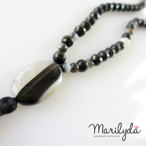 Μακρύ κολιέ με ημιπολύτιμους λίθους - Black agate - ημιπολύτιμες πέτρες, αχάτης, με φούντες, χάντρες, μακριά - 3