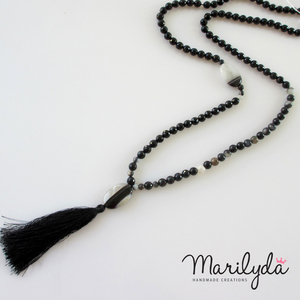 Μακρύ κολιέ με ημιπολύτιμους λίθους - Black agate - ημιπολύτιμες πέτρες, αχάτης, με φούντες, χάντρες, μακριά - 5