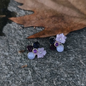 Σκουλαρίκια purple crystal flower με λουλούδια μωβ - ορείχαλκος, ασήμι 925, boho, πέρλες, νυφικά
