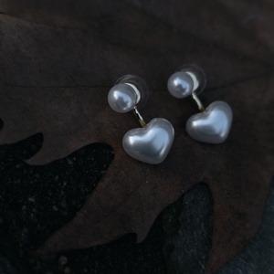 ''' Love '' Earings love pearls Σκουλαρίκια με διπλή καρδιά μπορούν να φορεθούν και ως νυφικά - ορείχαλκος, ασήμι 925, boho, πέρλες, νυφικά