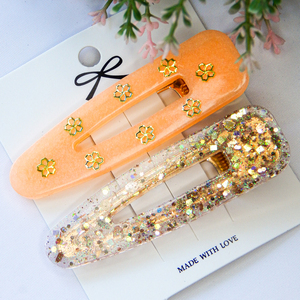 Τσιμπιδάκια μαλλιών από ρητίνη με χρυσό glitter και διακοσμητικά χρυσά λουλουδάκια - ρητίνη, μέταλλο, hair clips - 3
