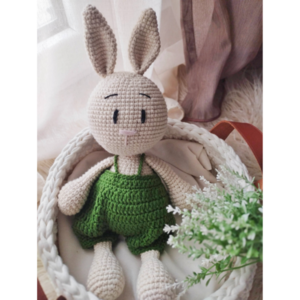 Πλεκτός Λαγουδίνος amigurumi με πράσινη φόρμα - δώρο, λούτρινα, βρεφικά, amigurumi, πλεκτό ζωακι - 2