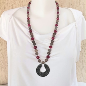 Κολιέ με Αχάτη Ruby και Γκρι Αχάτη - ημιπολύτιμες πέτρες, ορείχαλκος, μακριά - 2