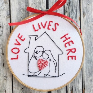 Τελάρο κεντήματος Αγίου Βαλεντίνου Love lives here - ύφασμα, τελάρα κεντήματος - 3