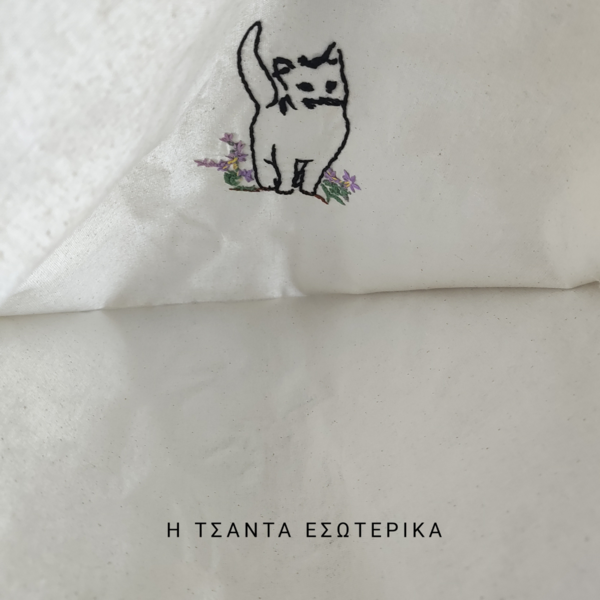 Κεντημένη πάνινη τσάντα " γάτα" - 37x41 εκ. - ύφασμα, ώμου, all day, πάνινες τσάντες, φθηνές - 2