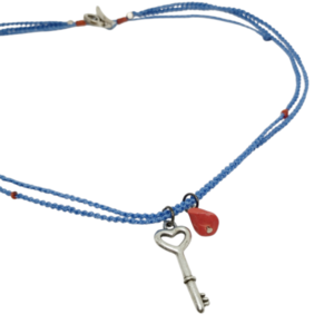 Χειροποίητο κολιέ heart key μπλε χρώμα - κοράλλι, επάργυρα, κορδόνια, κοντά, boho - 4