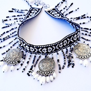 Boho choker - ημιπολύτιμες πέτρες, ύφασμα, μαργαριτάρι, boho