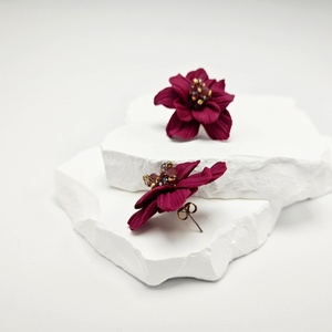 Burgundy Flower Earring - ημιπολύτιμες πέτρες, πηλός, χάντρες, μεγάλα, πολυμερικό πηλό - 2