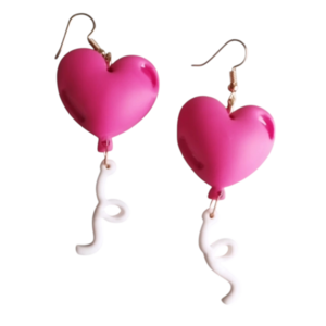 Σκουλαρίκια puffy καρδιές μπαλόνια Valentine's ροζ - πηλός, ατσάλι