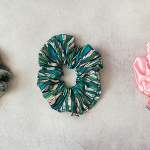 Χειροποίητα Scrunchie "Tropical Stripes" (Large) - ύφασμα, σατέν, βελούδο, λαστιχάκια μαλλιών, 100% βαμβακερό - 2