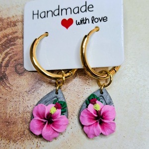 Hibiscus Earrings 7 - επιχρυσωμένα, πηλός, λουλούδι, ατσάλι