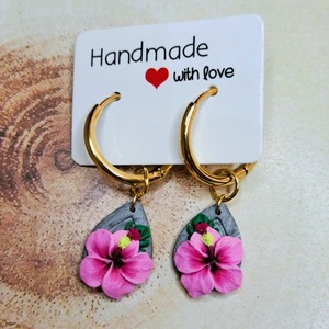 Hibiscus Earrings 7 - επιχρυσωμένα, πηλός, λουλούδι, ατσάλι - 2