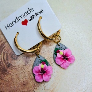 Hibiscus Earrings 7 - επιχρυσωμένα, πηλός, λουλούδι, ατσάλι - 3