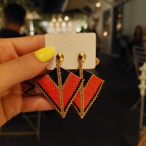Miyuki red earrings - γυαλί, επιχρυσωμένα, miyuki delica, μακριά, μεγάλα - 3