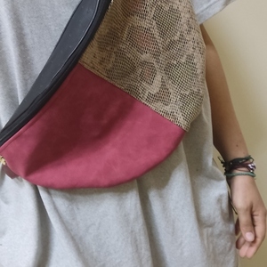 Τσάντα Μπανάνα, Banana Bag Μπορντω-Ανιμαλ Πριντ-Μαυρο - ύφασμα, χιαστί, all day - 3
